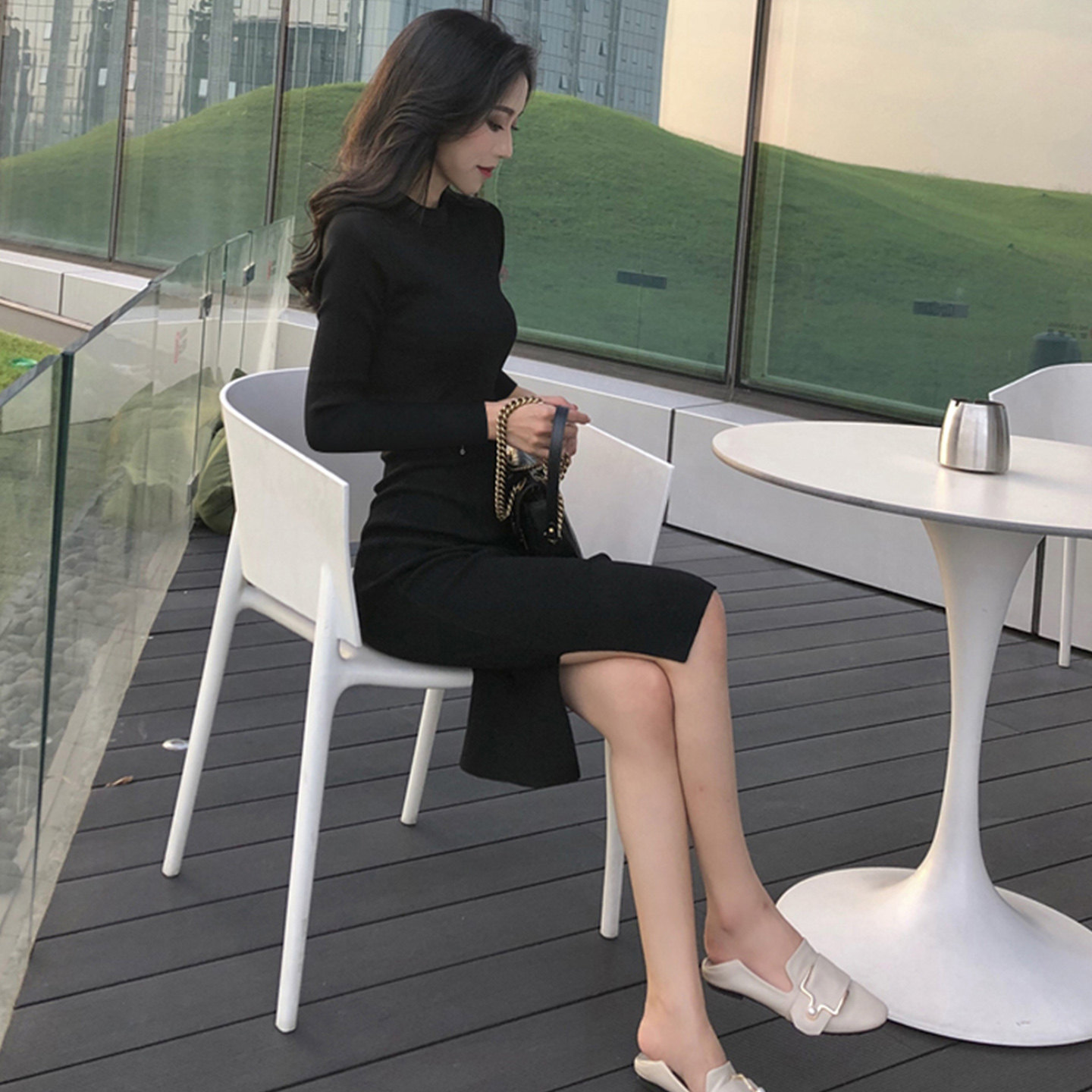 御姐显身材黑色针织内搭连衣裙修身包臀开叉中长裙性感紧身显瘦女