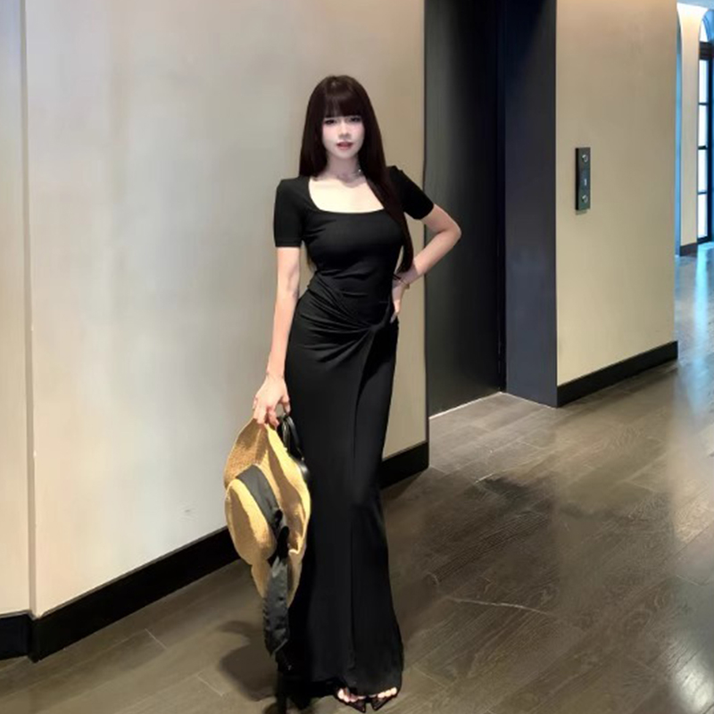 方领扭结紧身包臀长裙鱼尾裙女
