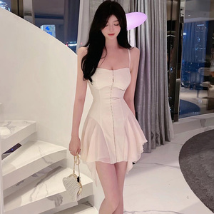 纯欲甜辣绝美气质网纱抹胸显瘦连衣裙修身性感收腰裙子吊带裙女夏