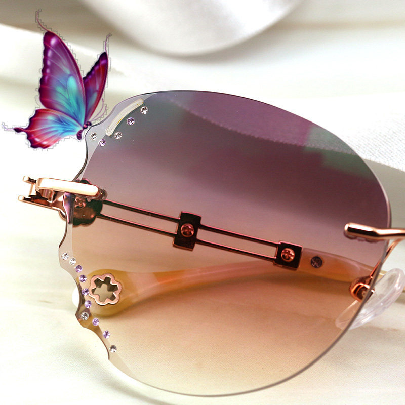 撞色潮太阳镜近视平光防蓝光眼镜护目墨镜镂空女无框钻石切边眼镜