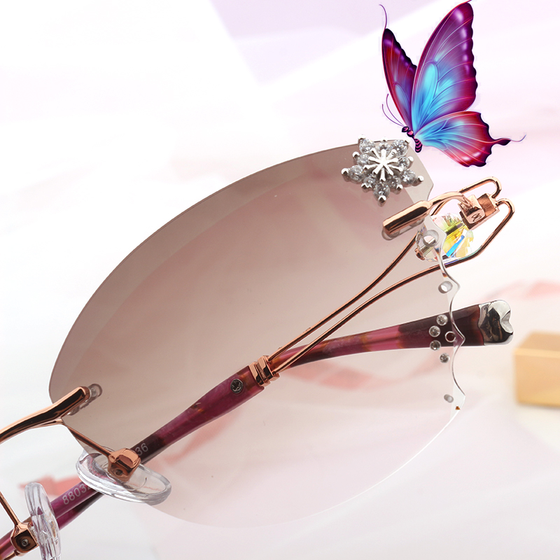 防蓝光女无框钻石切边近视太阳眼镜蝶形镂空镶钻平光装饰墨镜小脸