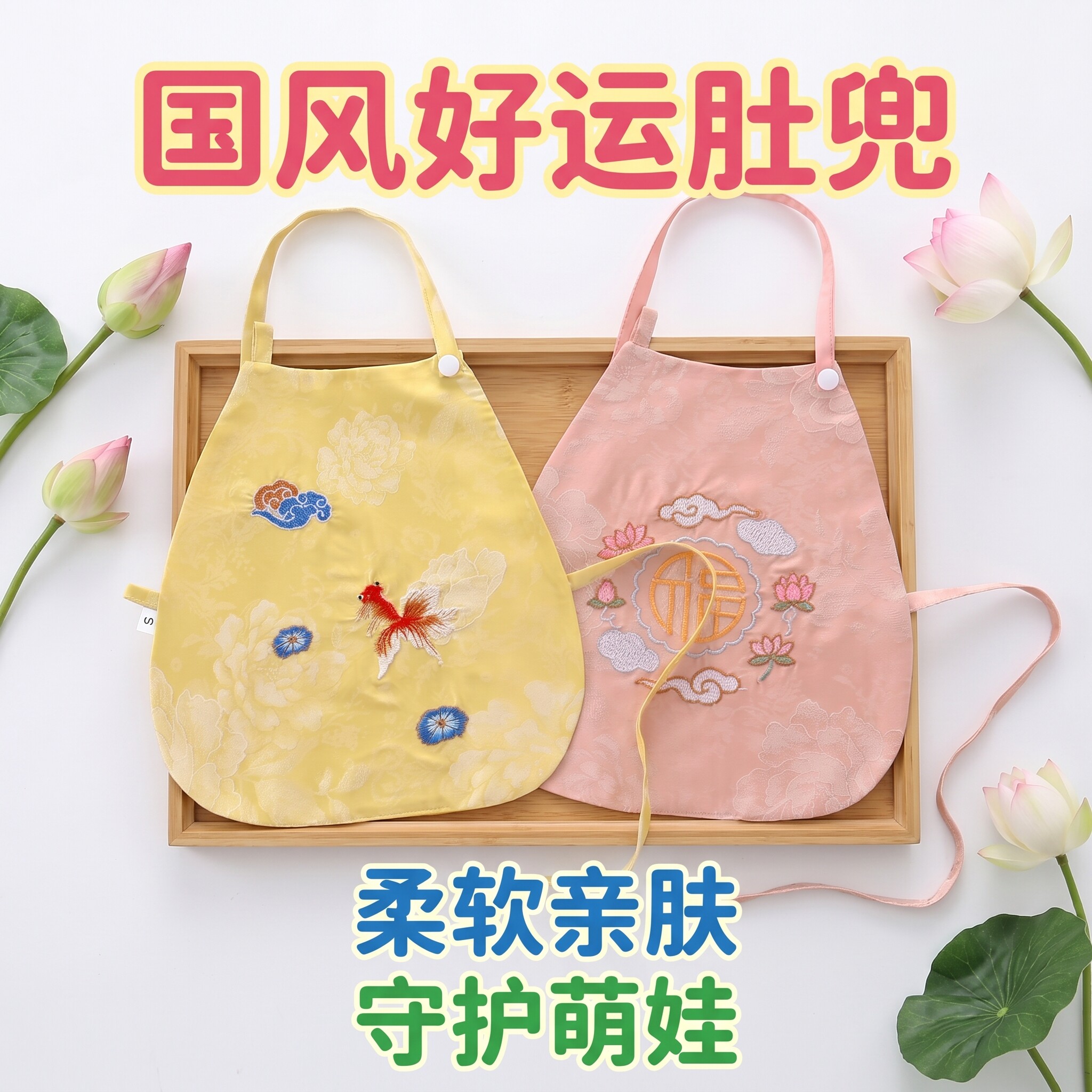 国风好运婴儿肚兜纯棉透气护肚防着凉满月百天宝宝刺绣护肚围夏季