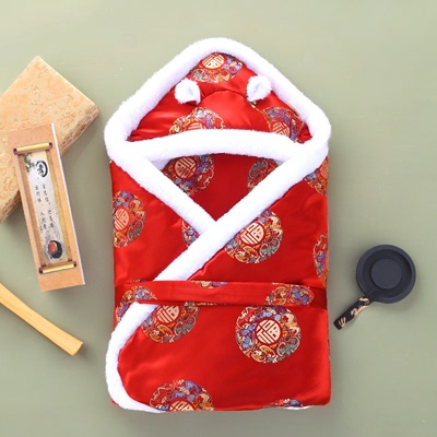 婴儿抱被秋冬款加厚外出宝宝保暖包被新生儿红色抱毯襁褓满月礼物