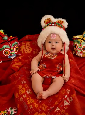 虎头婴儿红肚兜中国风新年主题百天半岁男女宝宝写真红色吊带兜肚