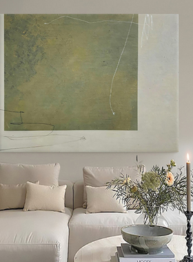 侘寂风现代极简客厅玄关手绘油画装饰画抽象绿色高级感横版挂画