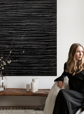 纯手绘油画纯黑色厚肌理凹凸抽象油画设计师推荐客厅背景墙装饰画