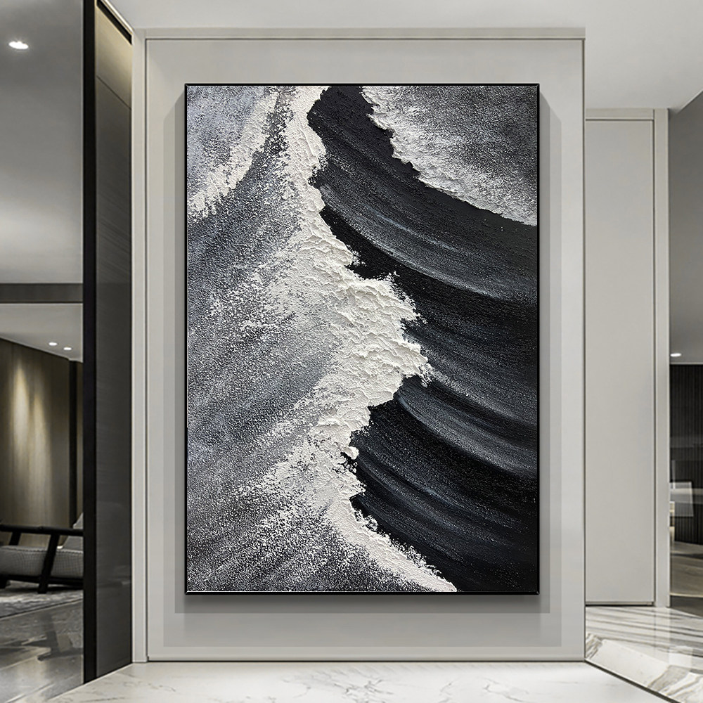 纯手绘油画海浪黑白立体抽象画卧室简约玄关挂画客厅大幅装饰画