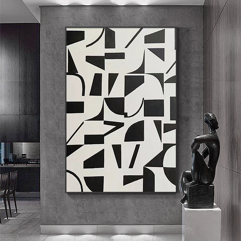 纯手绘油画黑白玄关装饰画现代简约挂画客厅背景墙抽象大幅落地画