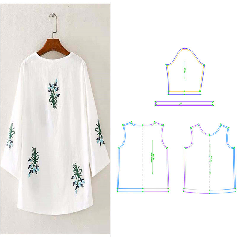 绣花棉麻t恤女短袖上衣476七分袖圆领服装纸样裁剪图纸衣服样板