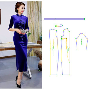1实物服装 剪裁 428金丝绒刺绣DIY纸样改良七分袖 2019新旗袍长款
