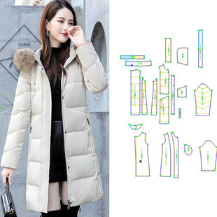 服装设计图495款中长修身羽绒服纸样连帽大毛领缝纫裁剪图DIY1:1