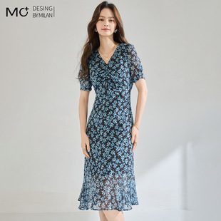 2026夏季新款小个子V领短袖收腰A字裙遮肚子雪纺鱼尾碎花连衣裙女