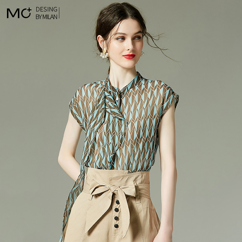 女士雪纺衬衫遮肚子显瘦上衣2025夏装新款印花短袖立领飘带衬衣薄