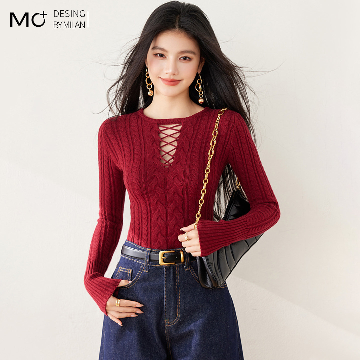 2026春季新款过年红色针织打底衫女内搭镂空麻花可外穿毛衣上衣