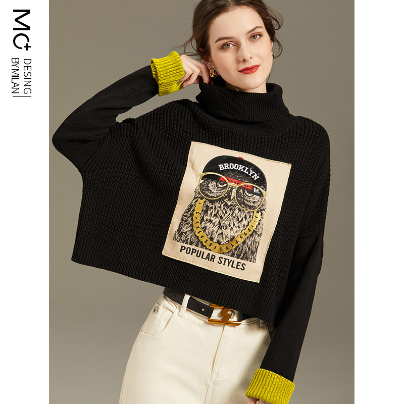 高领毛衣女宽松外穿秋冬2020年新款猫头鹰图案短款加厚粗线羊毛衫
