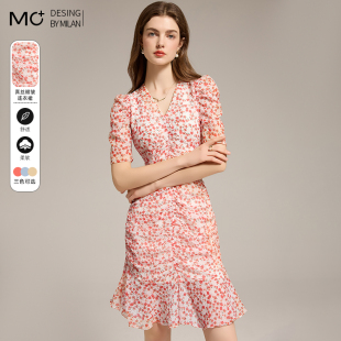 收腰A字裙 碎花裙小众简约短袖 沫加打褶连衣裙女2025夏季 新款