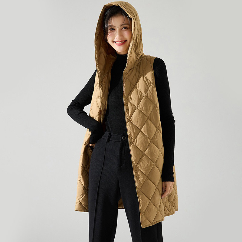 2025秋冬新款叠穿外搭V领中长款连帽羽绒服马甲背心女轻薄保暖