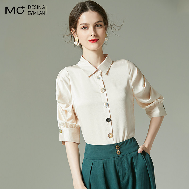 纯色百搭七分袖雪纺衬衫女夏季2020新款气质职业OL衬衣泡泡袖上衣