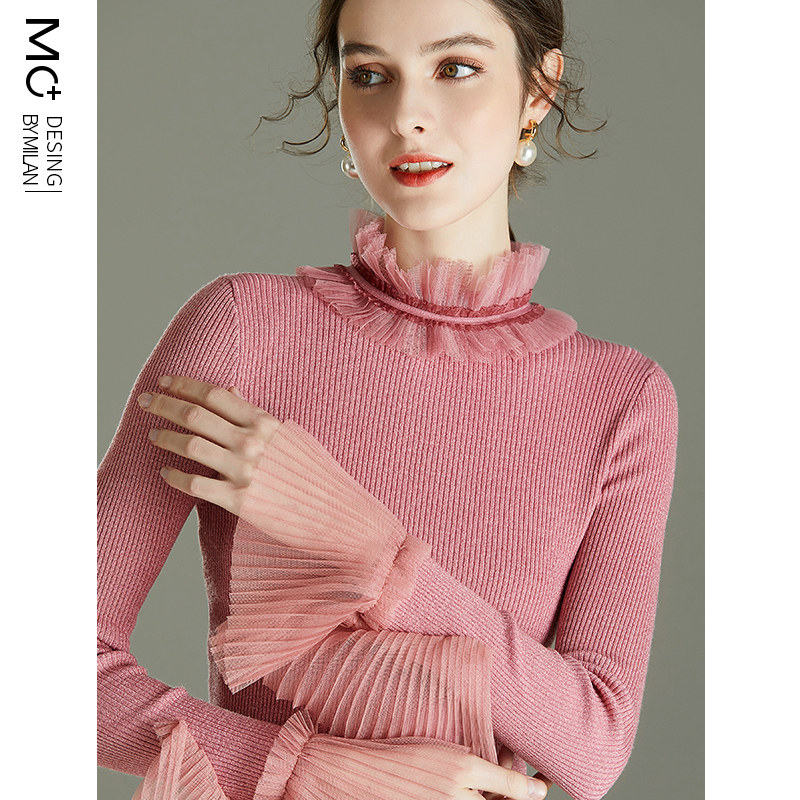 2022年新款女装春装洋气荷叶边打底网纱内搭上衣蕾丝拼接针织衫