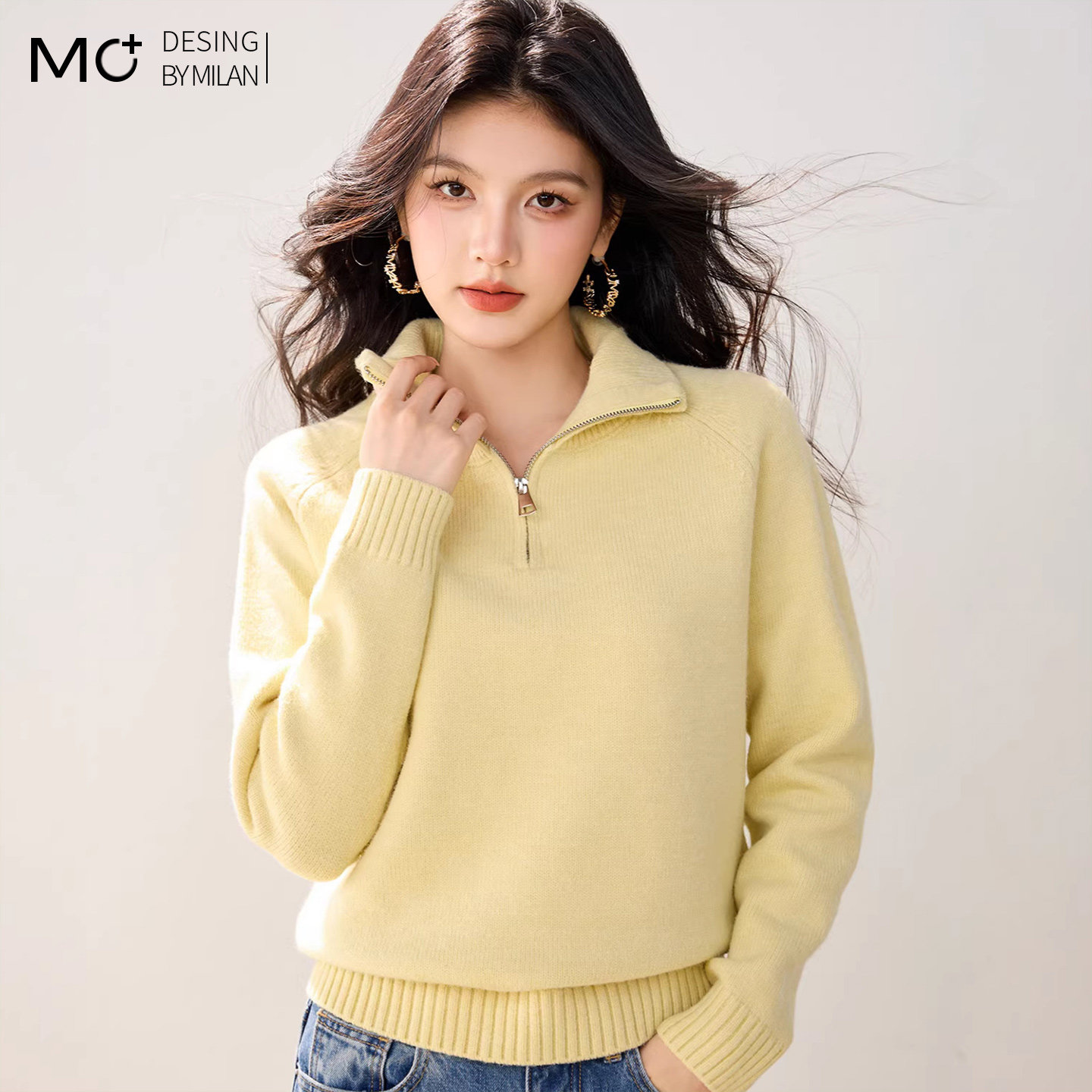 温柔慵懒风拉链半高领针织衫女奶黄色高级感显瘦毛衣套头洋气上衣