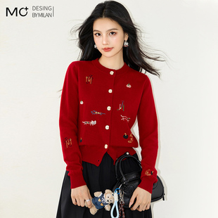 新年红色毛衣重工刺绣圆领开衫外套女春秋设计感宽松短款针织上衣