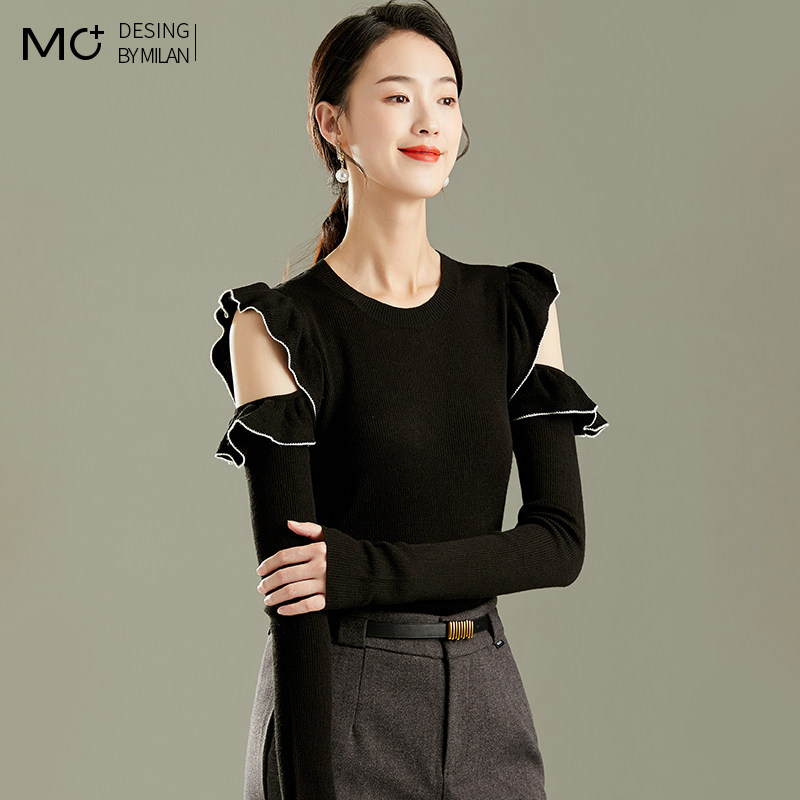 2022春秋新款修身洋气荷叶边漏肩针织衫女长袖露肩圆领打底衫薄款