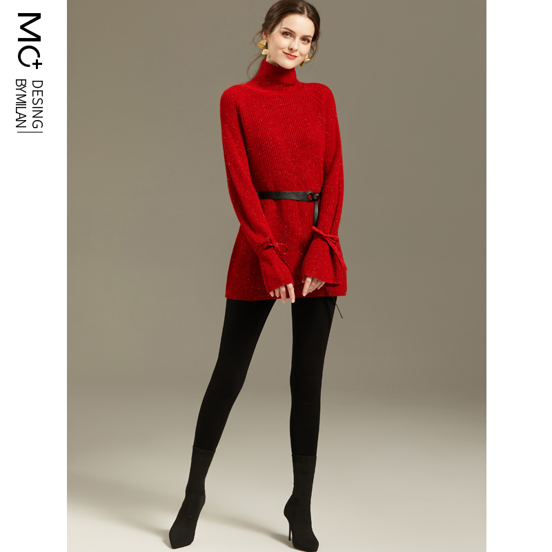 系带羊毛混纺毛衣法式高领宽松