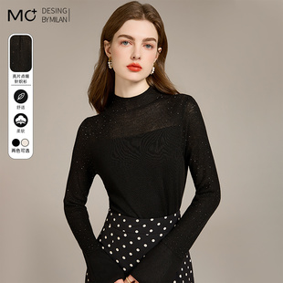 2025秋季新款烫钻镂空半透半高领喇叭袖修身内搭针织打底衫女毛衣