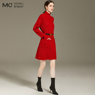 时尚红色羊毛衫高领毛衣女中长款2025秋冬新款收腰亮丝针织连衣裙