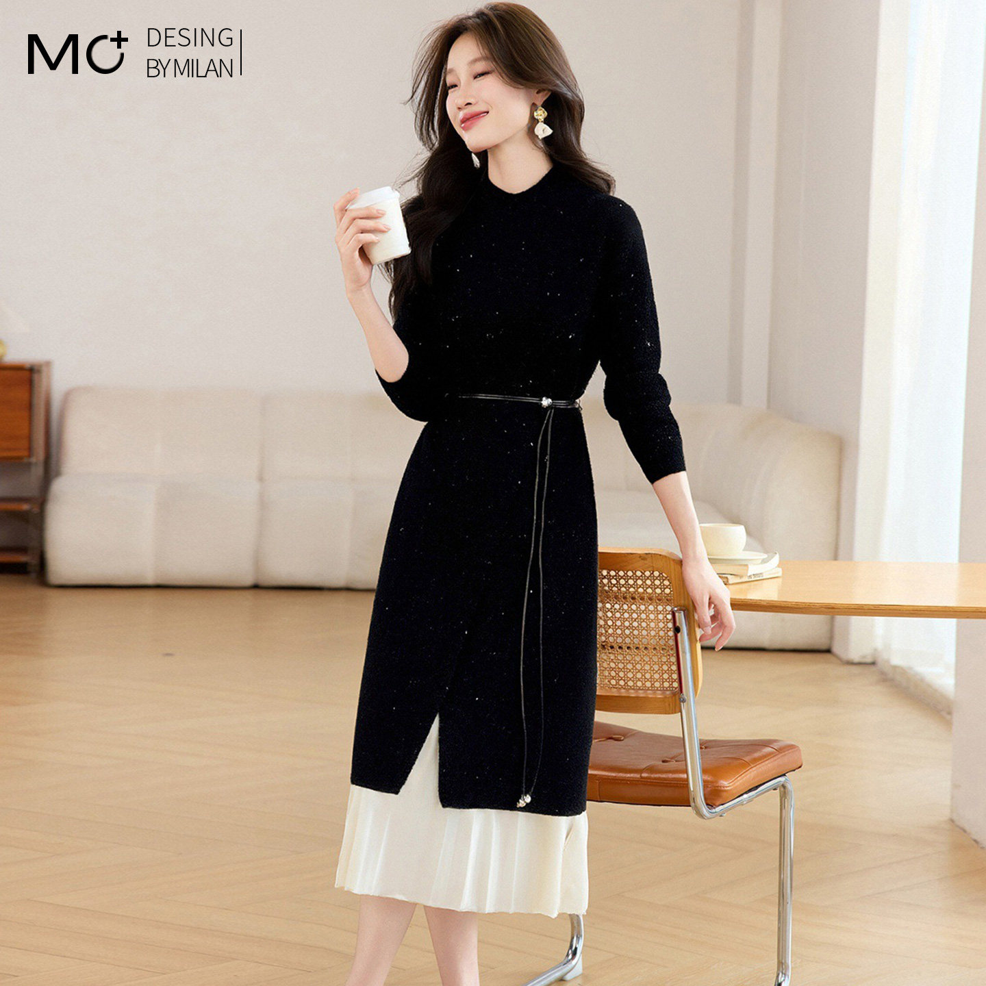 2026春季中长款半身裙两件套装法式高级感收腰系带针织毛衣连衣裙