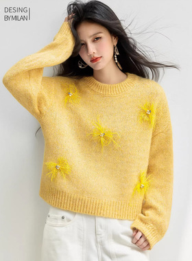 黄色厚实保暖冬宽松圆领钉珠设计针织衫休闲时髦上衣