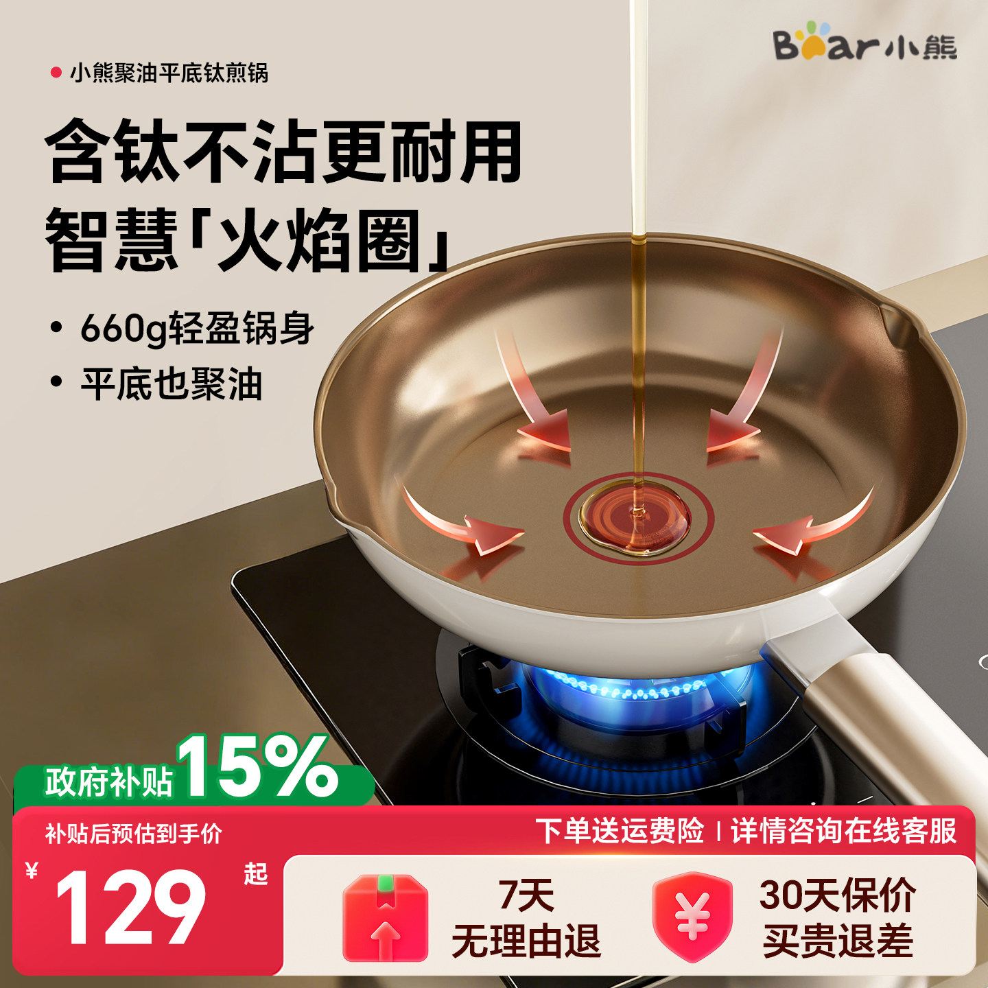 小熊钛无涂层不沾平底锅家用红点聚油锅牛排煎鱼煤气灶电磁炉专用,厨房/烹饪用具,煎锅/平底锅,淘宝优惠券,粉丝福利购,淘宝优惠卷