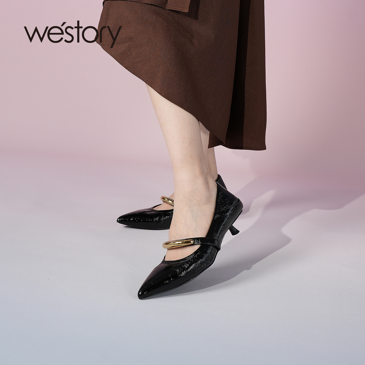 westory2025秋季新款真皮法式低跟猫跟细跟高跟鞋气质高级不累脚