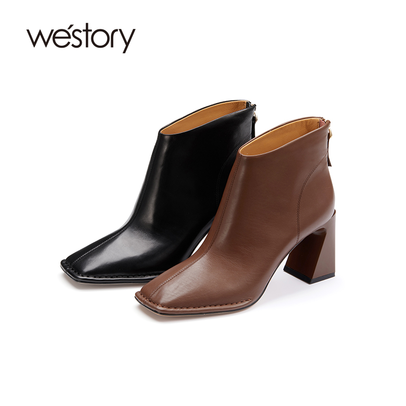 westory时髦时装短靴粗高跟方头