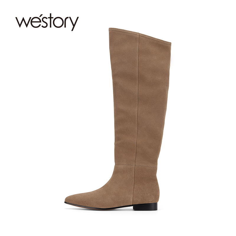 westory2024秋冬新款复古小众堆堆靴尖头褶皱高筒时装靴长靴