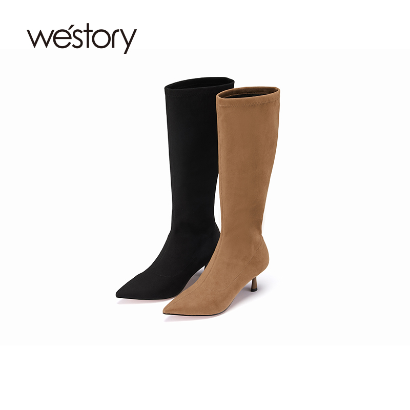 westory细跟尖头长筒瘦瘦弹力靴