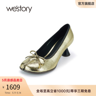 westory2024春季 金色蝴蝶结单鞋 小蛮腰中跟分趾鞋 新款 女真皮56691