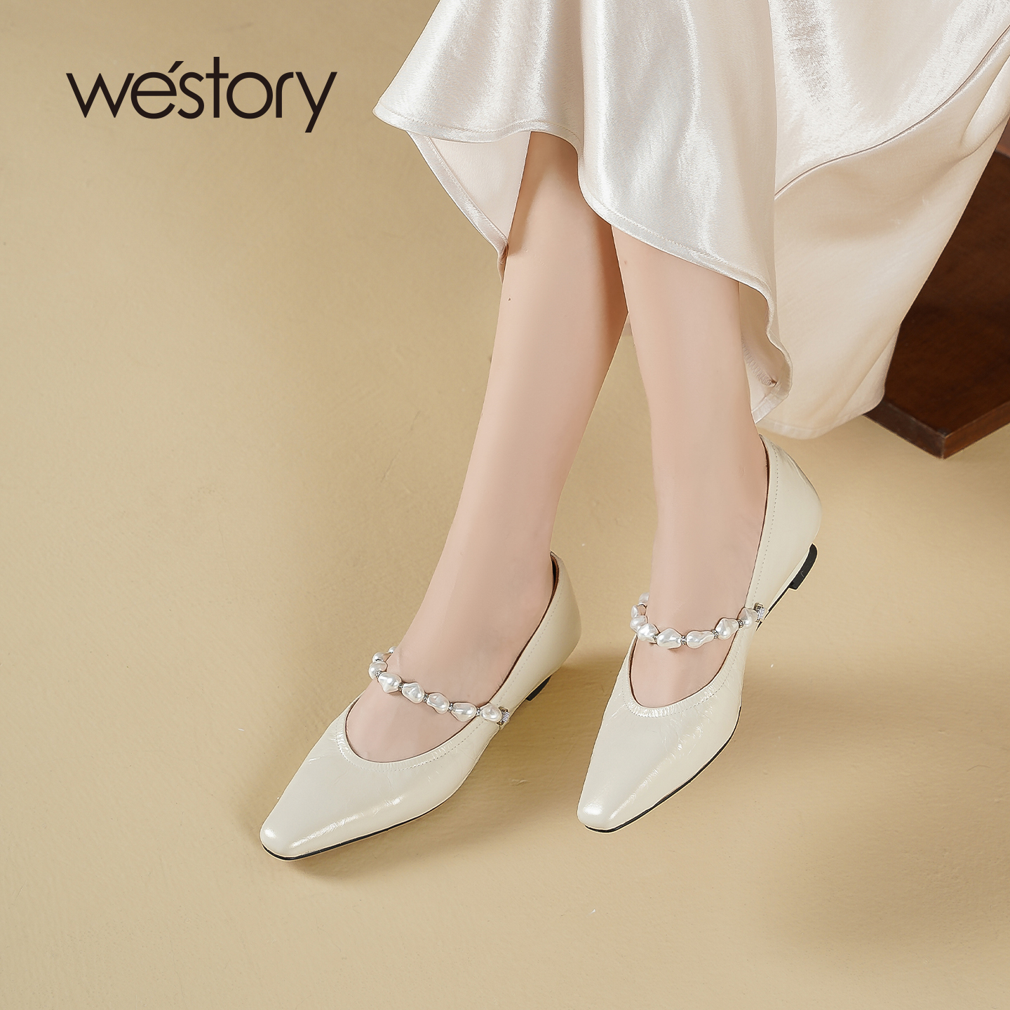 westory法式珍珠一字带高跟鞋