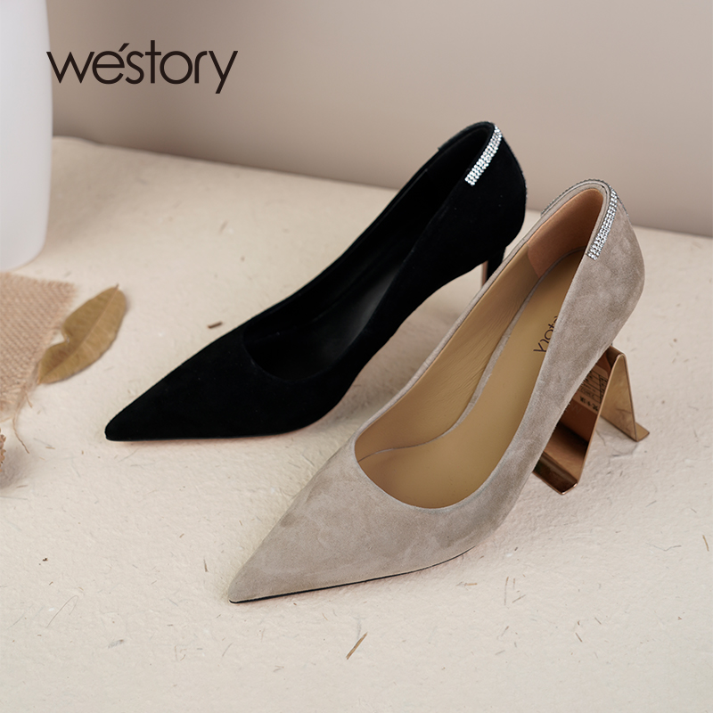 westory经典百搭尖头绒面高跟鞋