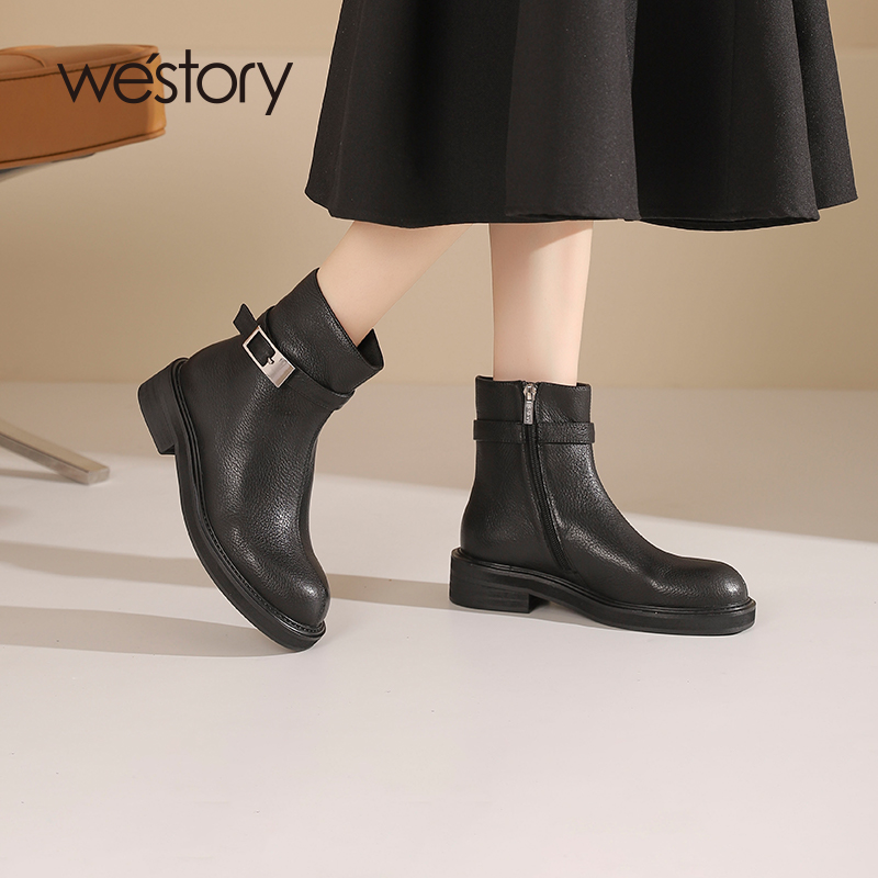 westory秋冬新款真皮加绒短靴