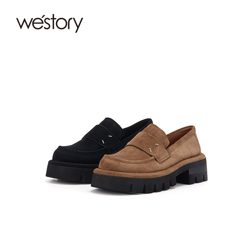 westory粗跟乐福鞋复古磨砂