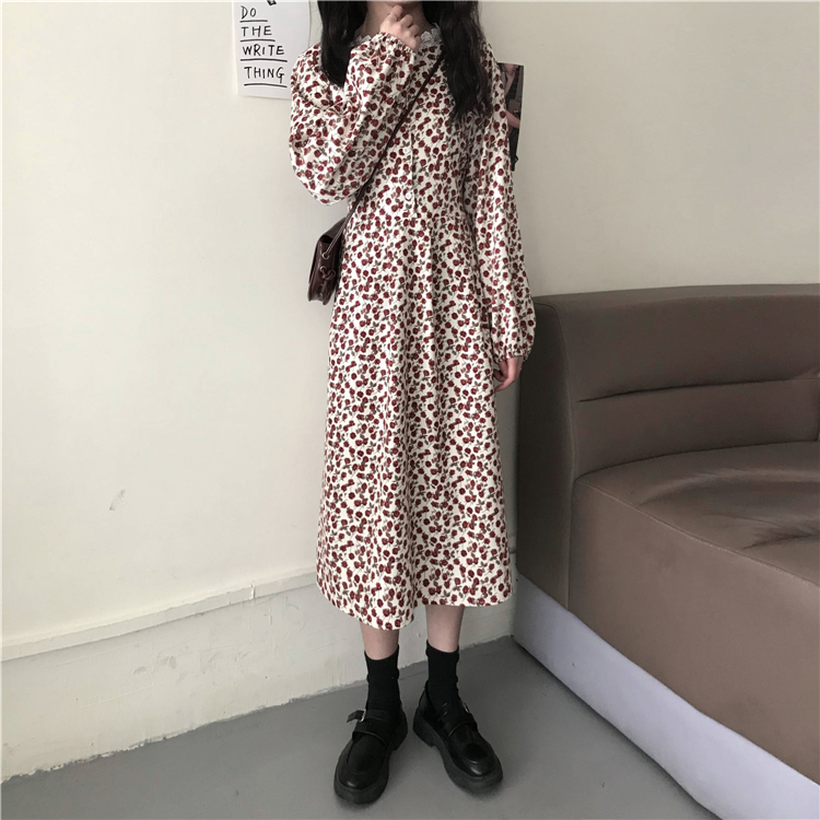 Real price real shot lace splicing long sleeve floral dress for women in spring