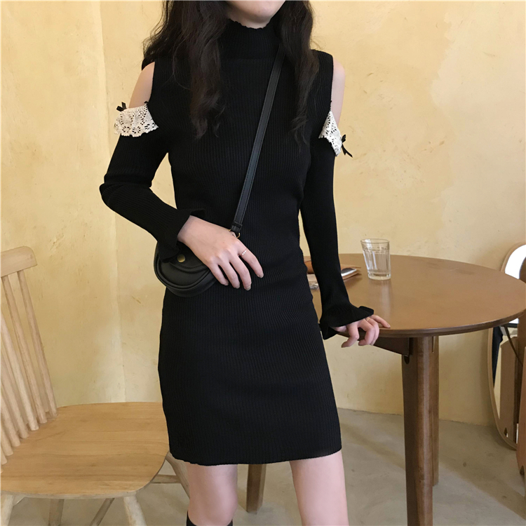 Real price real shot lace stitching dress women wear half high collar sweater and knitted skirt in autumn and winter