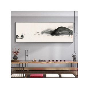 新中式水墨禅意孤舟独钓办公室装饰画寒江雪书房茶室背景墙挂画