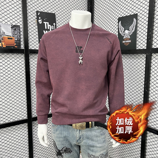 秋冬新款加绒泼墨时尚卫衣男士刺绣字母圆领长袖体恤休闲上衣潮流