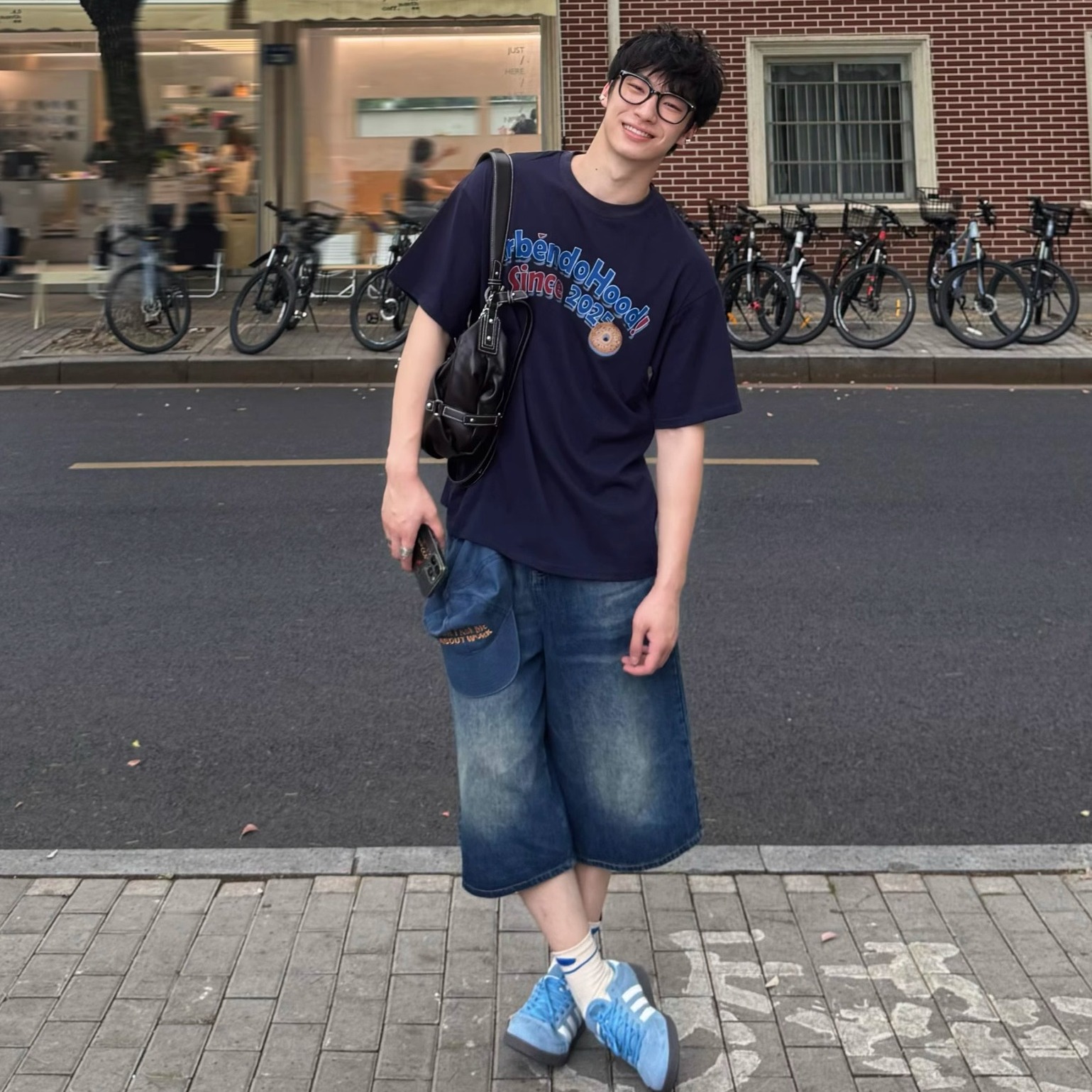 Free Verse2025美式通勤百搭字母甜甜圈印花短袖T恤男宽松休闲