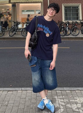 Free Verse2025美式通勤百搭字母甜甜圈印花短袖T恤男宽松休闲