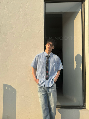 Free Verse2025夏季新款格纹通勤短袖衬衫男宽松休闲百搭衬衣