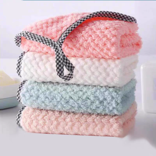 可挂式珊瑚绒双面抹布厨房菠萝格不掉毛吸水擦手巾素色洗碗布