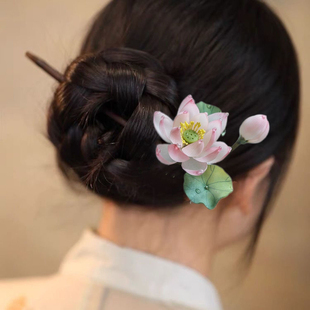 热缩荷花发簪高级感流苏简约古典国风丸子头头饰旗袍茶服配饰簪子